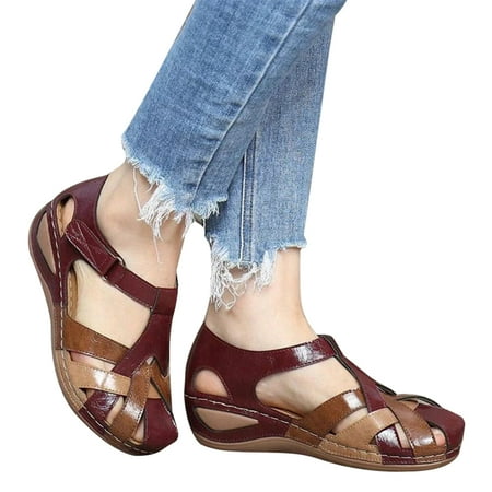 

Karcher PU Leather Retro Arch Support Comfy Round Toe Sandals for Women Toe Protection Design Summer Beach Supply