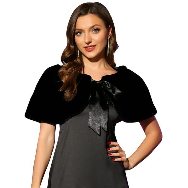 Elegante chal de piel sintética para mujer con cinta de lazo para novia, boda, fiesta, estola, encogimiento de hombros Negro M