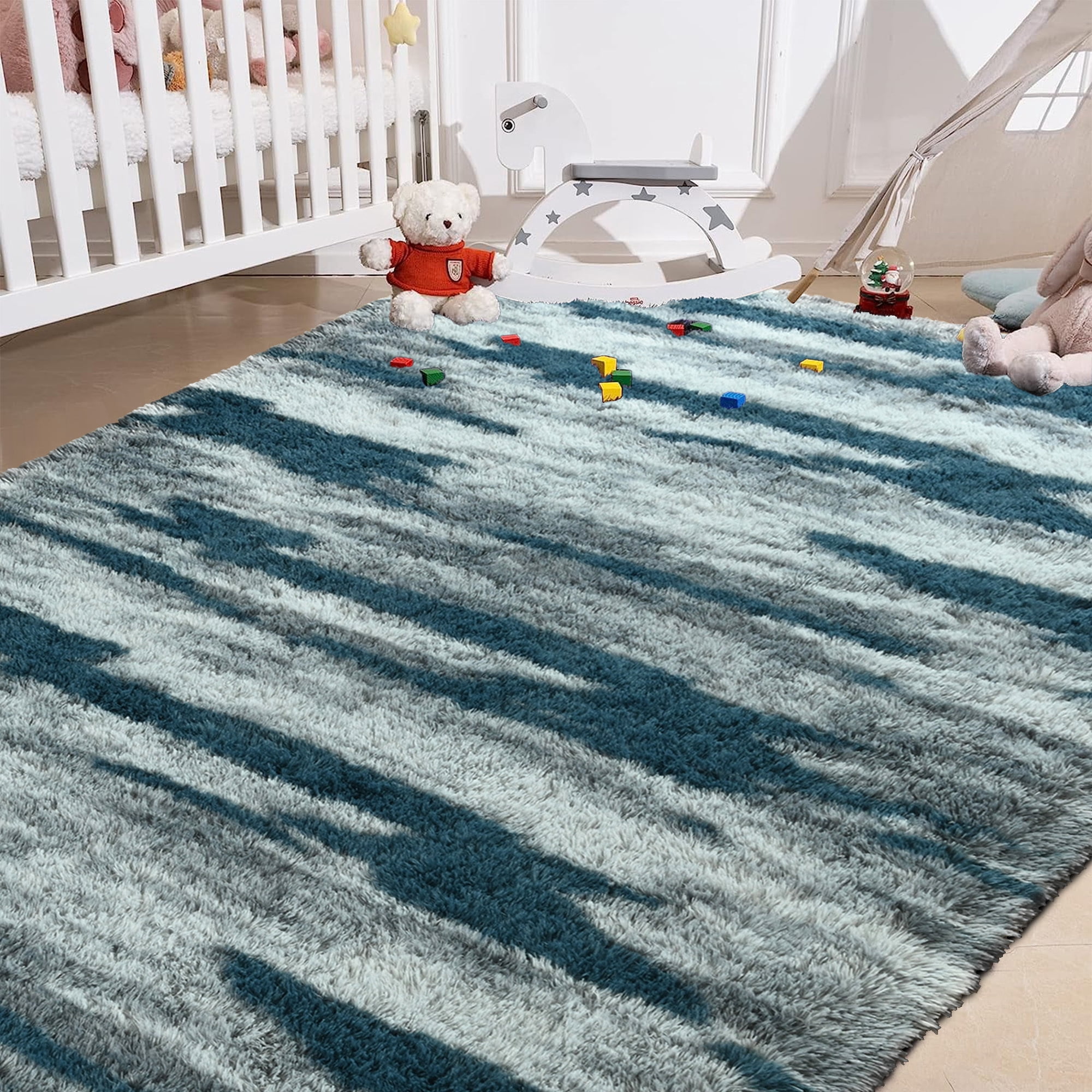 Arogan 6x9 Feet Area Rugs for Living Room Bedroom, Blue Soft Fluffy Shaggy Bedside Carpet, Machine Washable Indoor Floor Rug for Kids Home Decor Aesthetic