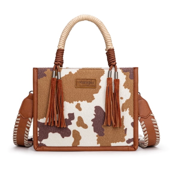 Wrangler Tote Bag Cow Print Western Satchel Bags for Women with Braided Rope Handle, Brown