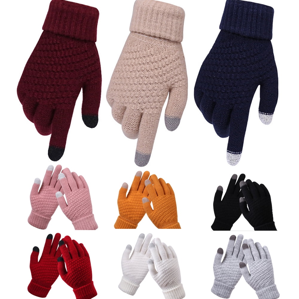 Unisex Men Women Thermal Knitted Stripe Plain Warm Full Finger Winter Gloves 