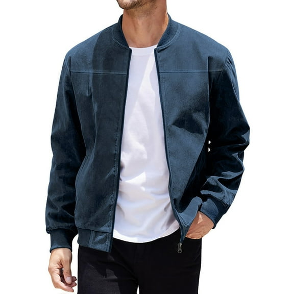 ZUKMRJPC Men's Casual Suede Bomber Jacket Full Zip Stand Collar Lightweight Jackets Solid Color Vintage Flight Jacket with Pockets