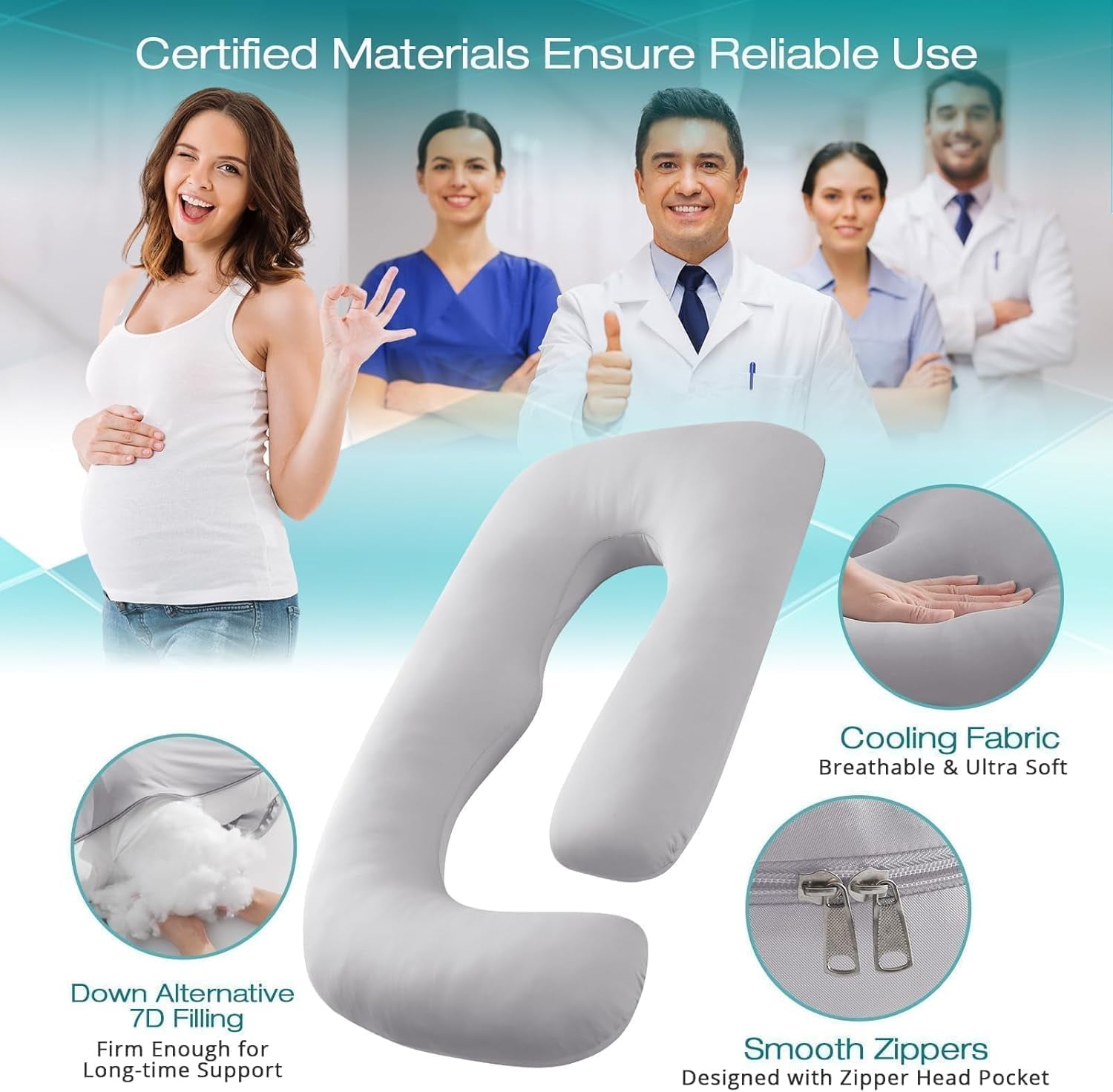 Cooling Pregnancy Pillows for Sleeping, U Shaped Full Body Pillow with Removable Cover, Pregnant Women Must Haves, Maternity Essential, Light Grey