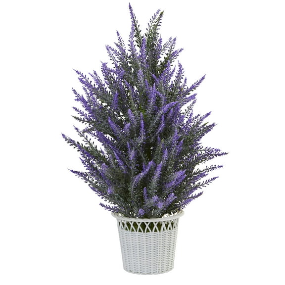 Nearly Natural Lavender in White Wicker Planter Artificial Plant, Purple