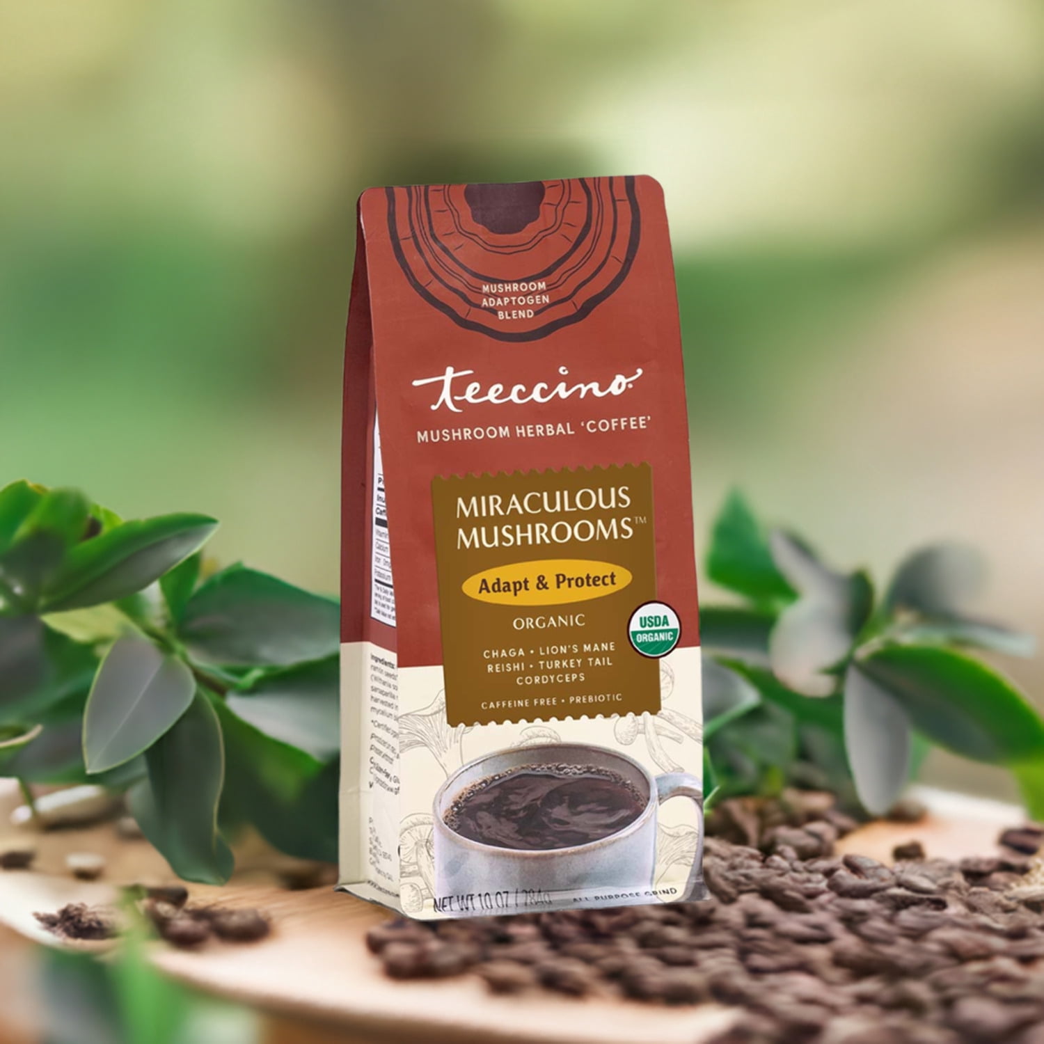 Teeccino Miraculous Mushrooms Adapt & Protect Coffee Alternative, 10 Oz – 5 Organic Adaptogenic Mushrooms with Chicory & Cacao