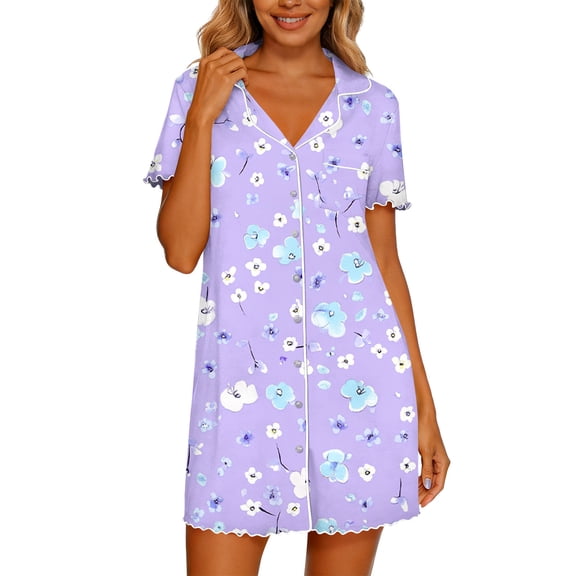 Byworldtasic Nightgowns for Women Button Down Sleep Shirt Short Sleeve NightShirts Boyfriend Sleepdress Soft Pajama Dress