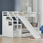 Euroco Wood Twin over Full Bunk Bed with 2 Drawers and Slide, Storage Staircase for Bedroom, White