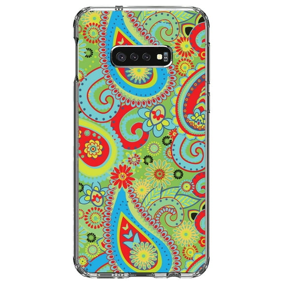 DistinctInk Clear Shockproof Hybrid Case for Samsung Galaxy S10e (5.8" Screen) - TPU Bumper, Acrylic Back, Tempered Glass Screen Protector - Green Red Blue Paisley