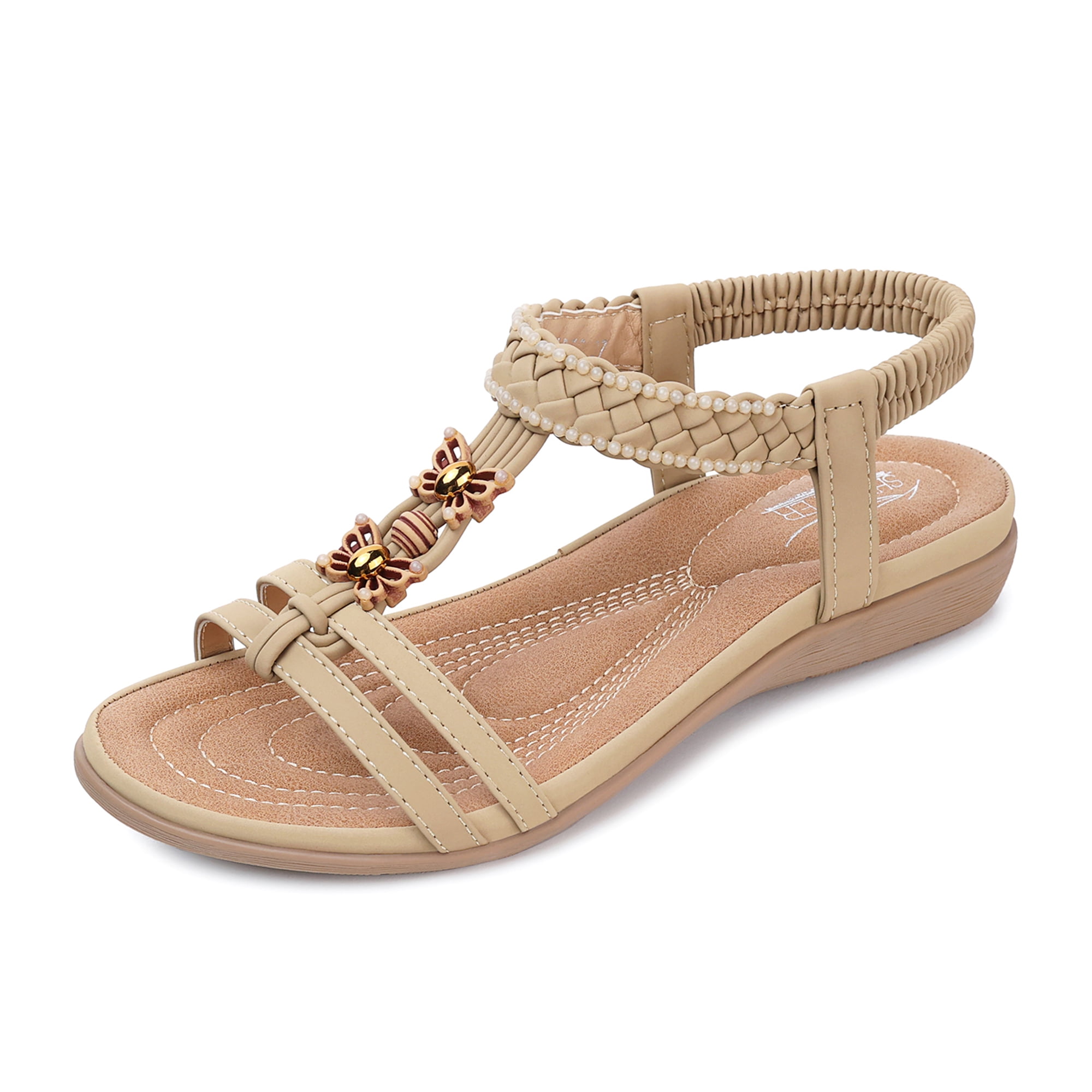 SHIBEVER Womens Flat Sandals Casual Summer Bohemian Beaded Sandals with