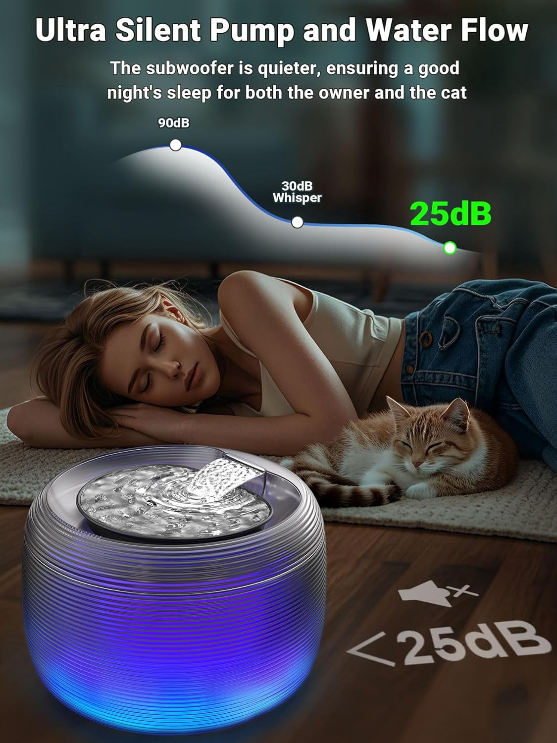 Quiet Cat Water Fountain, 3.5L/118oz Large Capacity Pet Water Fountain for Cats Indoor with Water Level LED Light, Easy Cleaning Cat Fountains for Drinking Automatic Dog Water Fountain