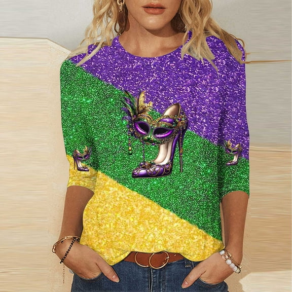 Mifsaly Plus Size Mardi Gras Shirts for Women 3/4 Sleeve Sequin Print Tops Carnival Mask Graphic Color Block Funny Party Glitter T-Shirts Festival Casual Loose Fit Shirts XXXXL