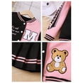 thumbnail image 5 of PureChapter Girls Clothes Cartoon Bear Letter Print Color Block Varsity Jacket & Striped Pleated Skirt 2 Piece Outfits for 7-14, 5 of 6