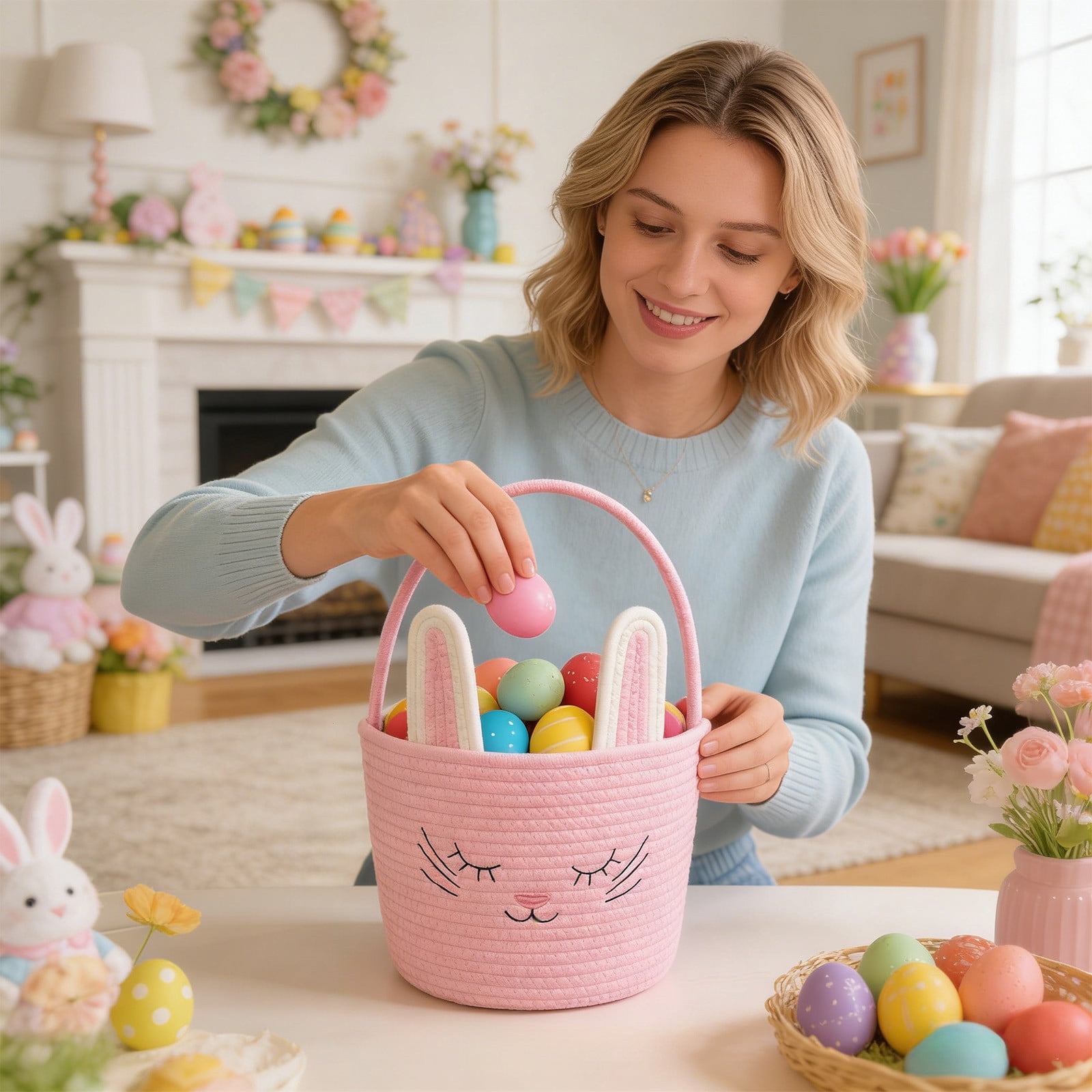 Lunxisen 2 Pcs Easter Storage Basket Hand-woven Rabbit Holiday Decorative Organizer Home Decor Baskets