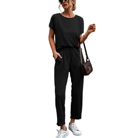 

Sanviglor Ladies Pajamas Set Short Sleeve Loungewear Solid Color Casual 2 Piece Drawstring Lounge Nightwear Matching Black 2XL