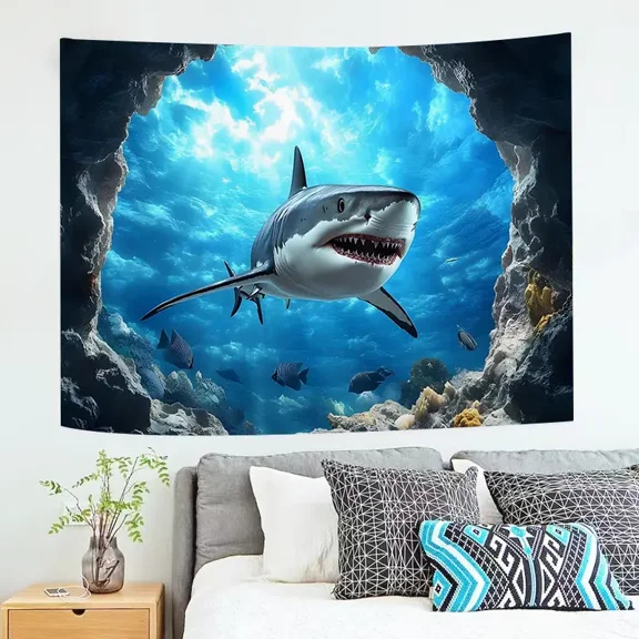 3D Shark Cave Tapestry, 37×29 Inches, Underwater Adventure Wall Hanging for Bedroom Living Room Decor
