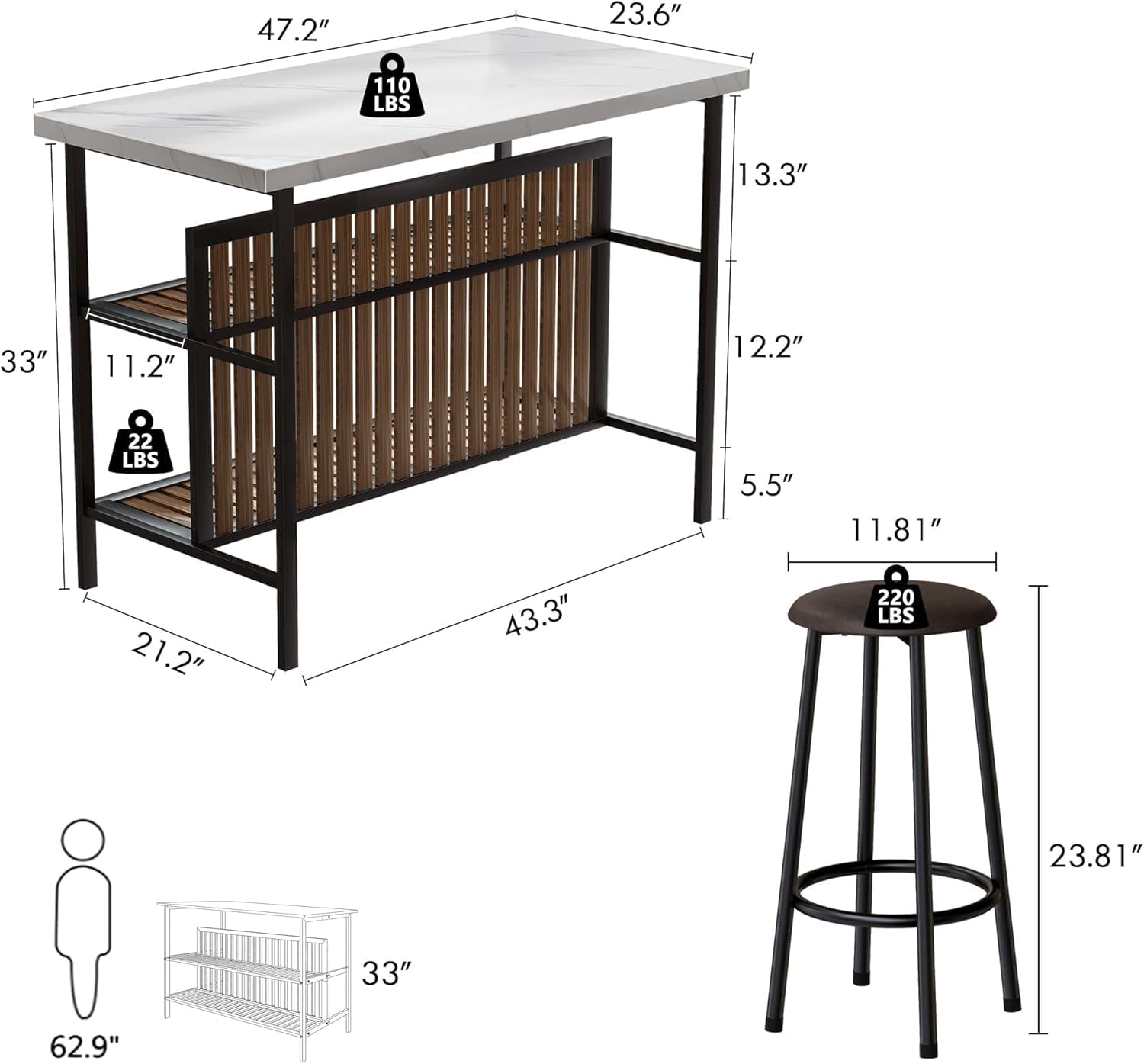 Recaceik Kitchen Island with Seating, Wooden Counter Height Table