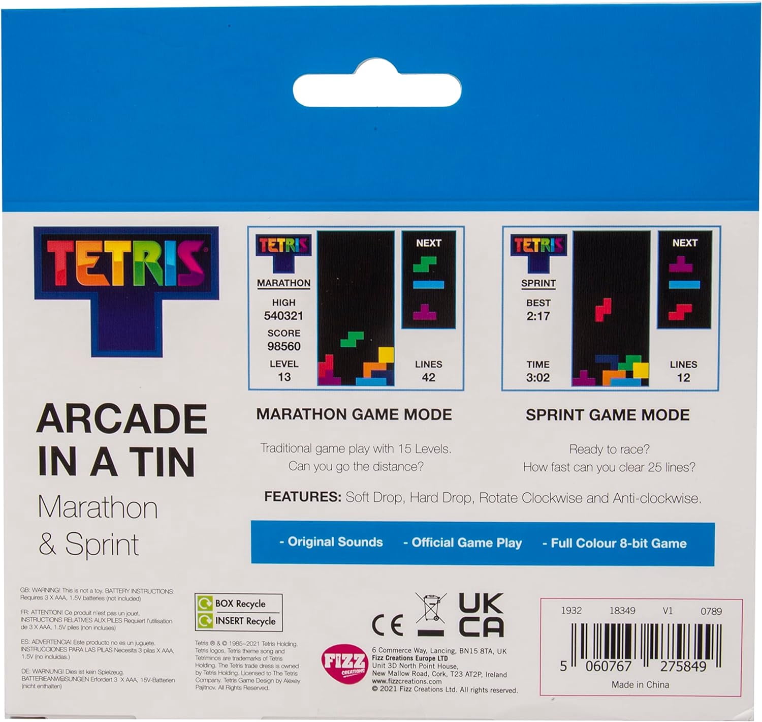 Fizz Creations Tetris Arcade in a Tin Handheld Retro Gaming Original Gameplay and Sounds