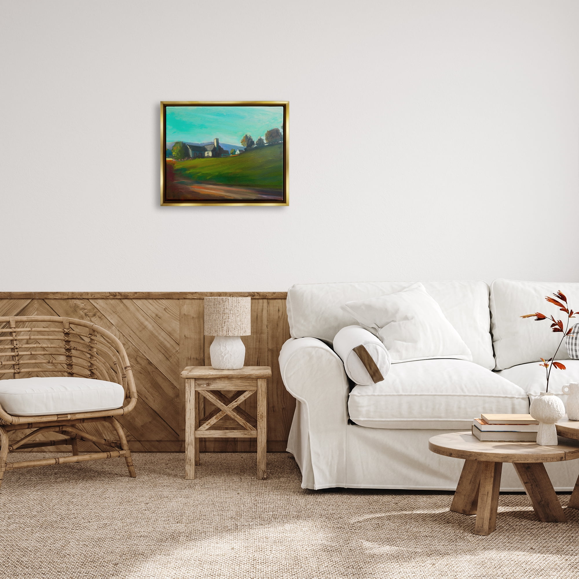 Stupell Industries Rural House Landscape Nature Painting Gold Floater Framed Art Print Wall Art, 21 x 17