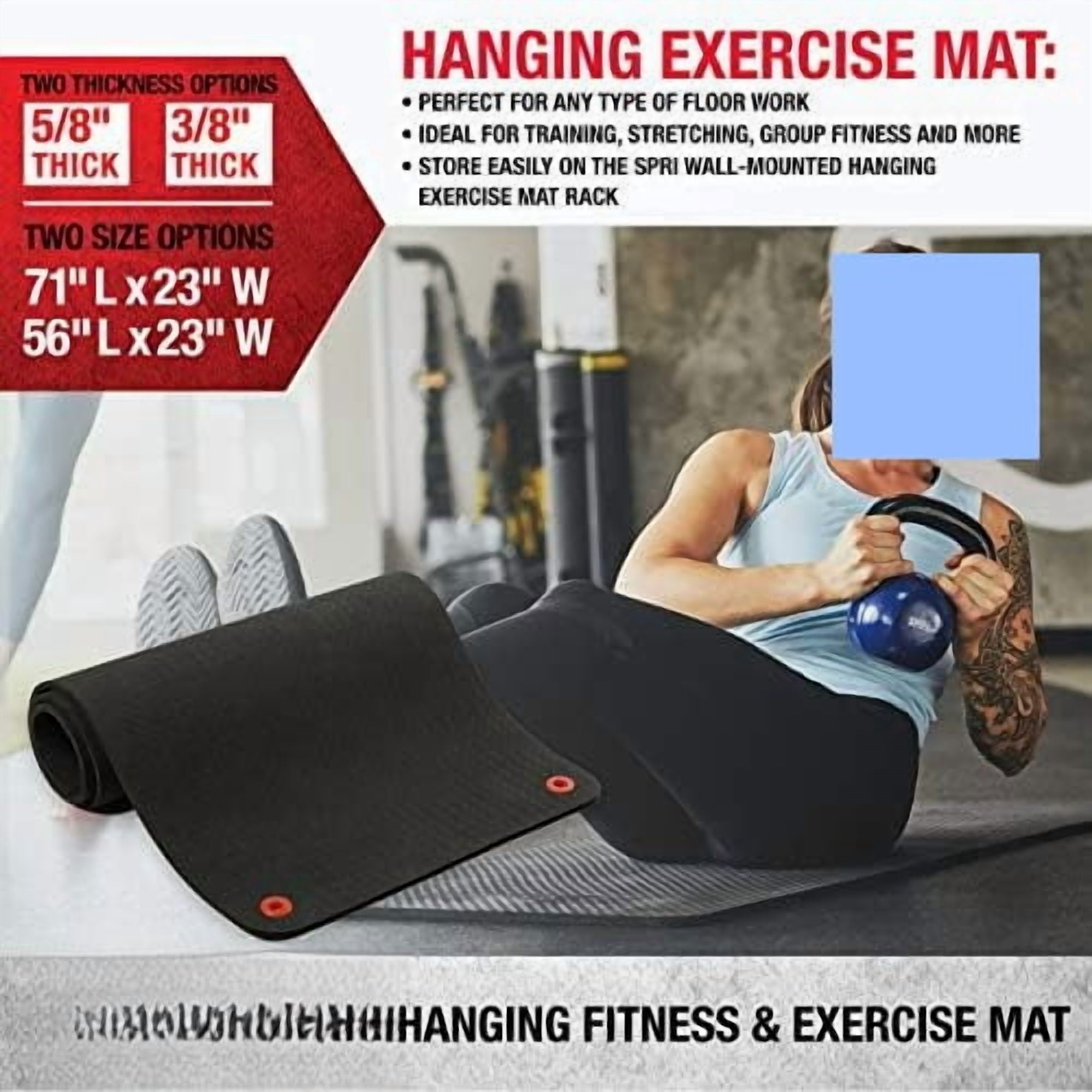 Hanging Exercise Mat, Fitness & Yoga Mat for Group Fitness Classes, Commercial Grade Quality with Reinforced Holes 56" L x 23" W x 3/8" (Black)
