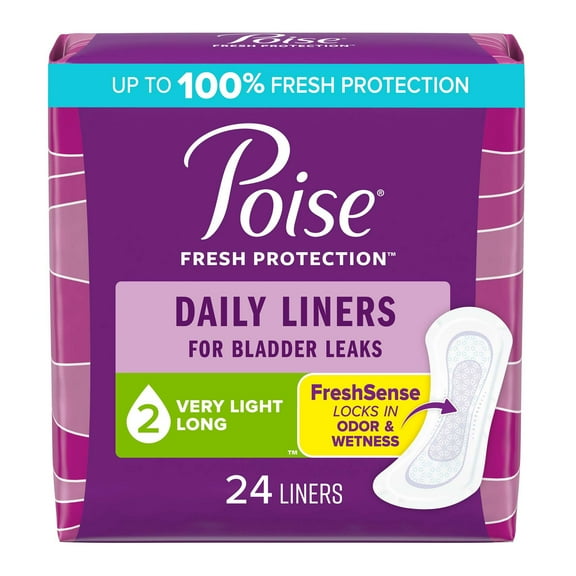 Poise Daily Liners Incontinence Liners, Very Light Absorbency, Liners, Long, 24 count
