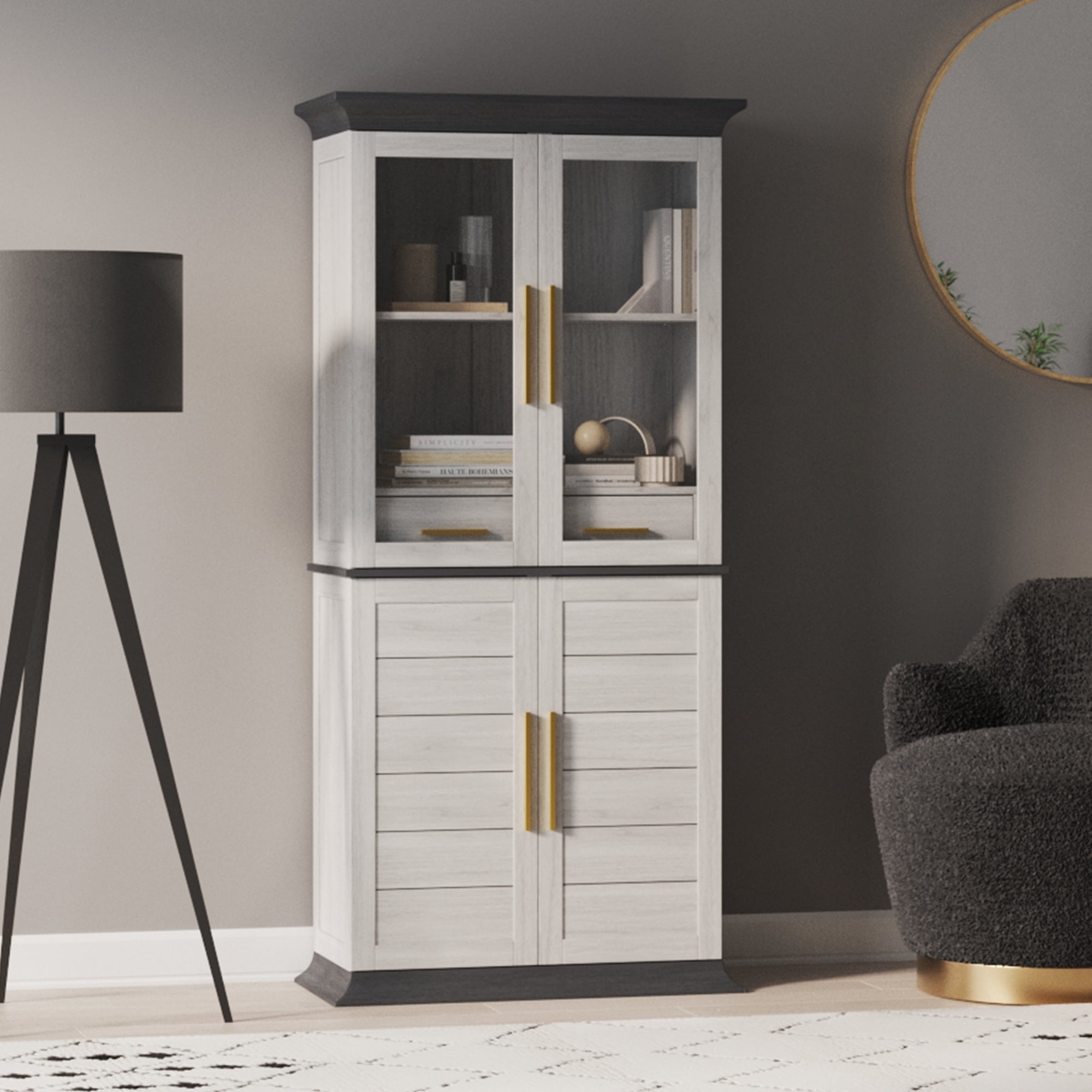 BELLEZE 72" Tall Kitchen Pantry, Large Storage Cabinet With Doors and Shelves, 2 Built-in Drawers, Freestanding Corner Hutch Cabinet With Storage For Kitchen,Dining Room and Living Room (White)