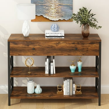 Ktaxon 39.4''L Console Table Sofa Table with Large Drawer and 2 Storage Shelves, Farmhouse Entryway Table for Living Room Hallway Bedroom, Rustic Brown