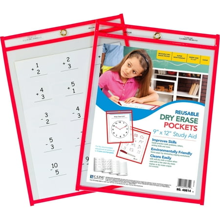 Reusable Dry Erase Pockets, 9" x 12", 1pk, Neon Red