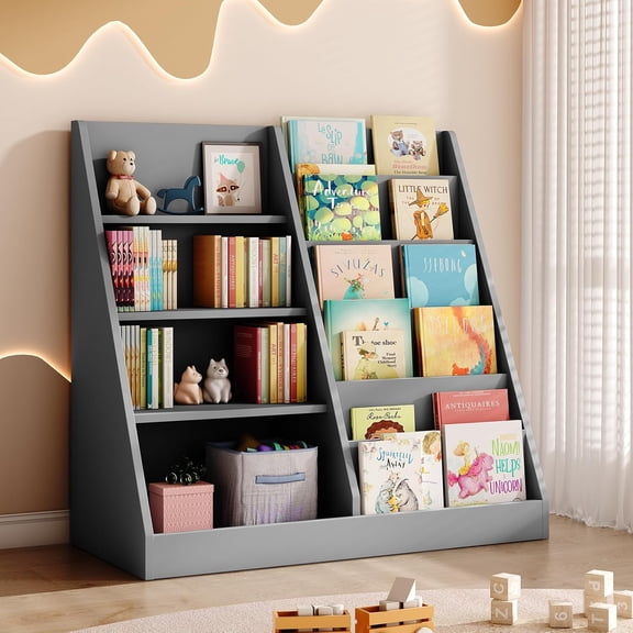 WAWOKV 6 Tier Kids Wooden Bookshelf and Toy Storage, Children Toy Organizer with Book Shelves, Toddler BookRack Baby Bookcase for Nursery, Playroom and Classroom, Gray