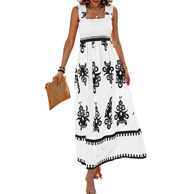 Vestido PRETTYGARDEN 2025 Maxi Floral sin Mangas Blanco XXL