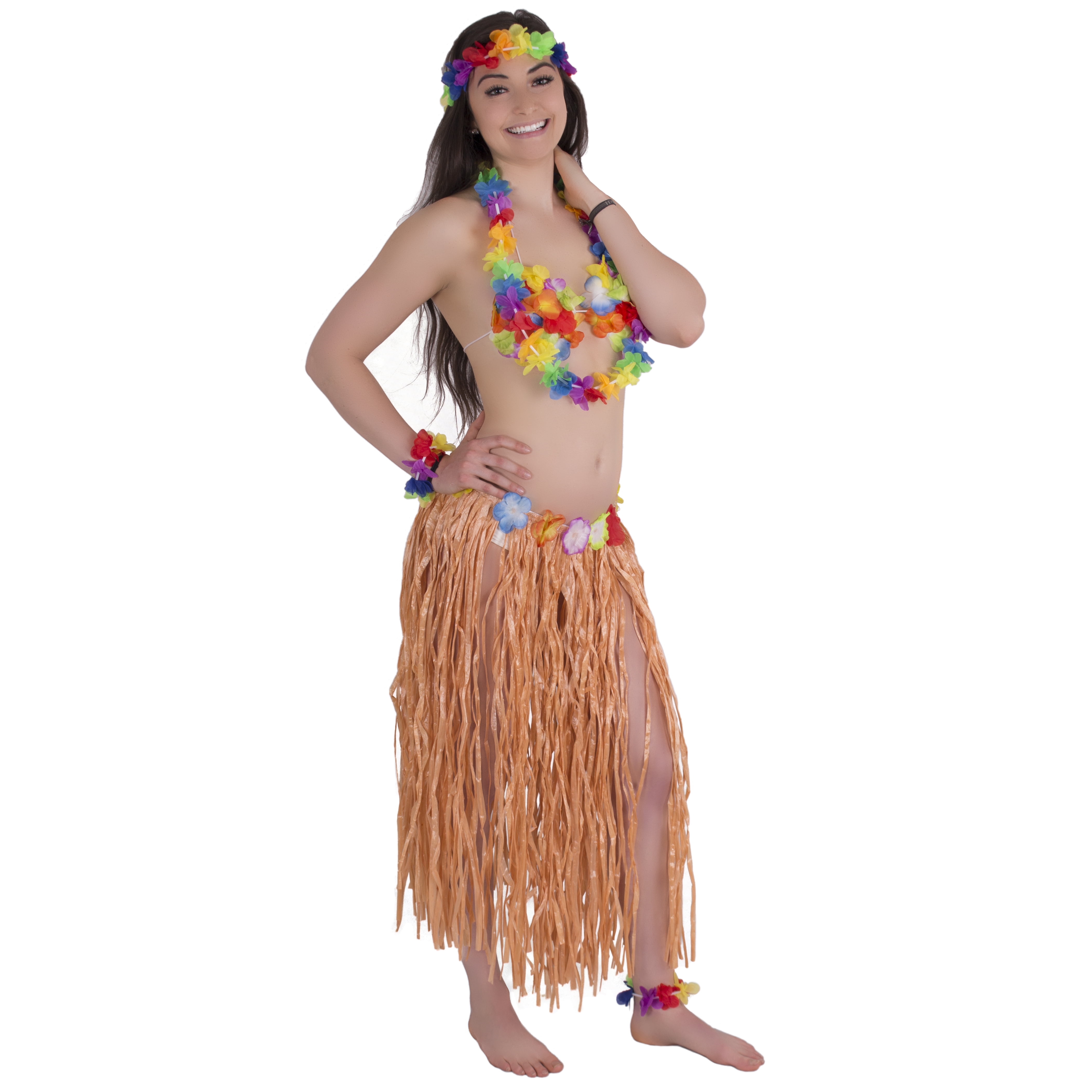 Hawaiian Hula Grass Skirt Set Real Raffia Coconut Bra Lei Hair Flower Child Nat