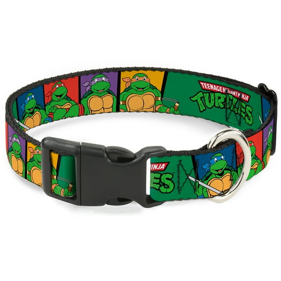 Nickelodeon Pet Collar, Dog Collar Plastic Buckle, Ninja Turtles Group Pose TMNT Logo Green Multi Color, 8.5 to 12 Inches 0.5 Inch Wide