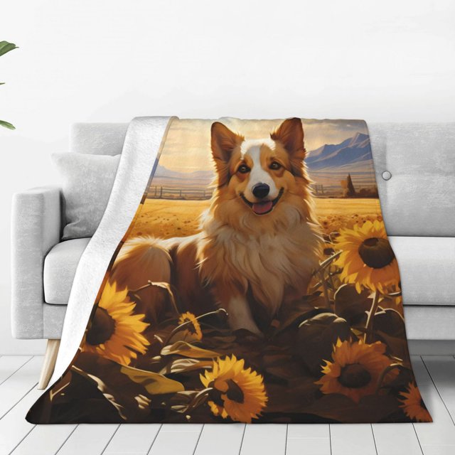 Fotbe Pastoral Sunflower Corgi Manta de Franela Acolchonada con Estampado, Súper Suave y Esponjosa, Extra Grande para Sofá, Cama, Uso Todo el Año-80"x60"