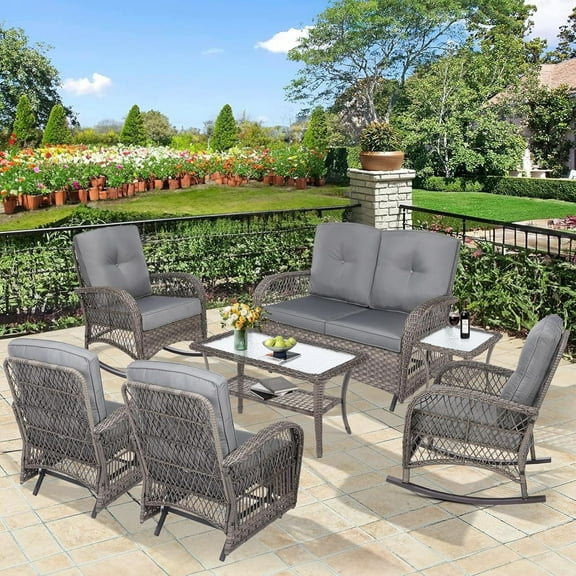 7 Pieces Outdoor Wicker Patio Furniture Set, All Weather Patio Conversation Cushioned Sectional Sofa Set with Glider Loveseat/2 Rocking Chairs/2 Rocking Glider/2 Glass Coffee Table, Gray