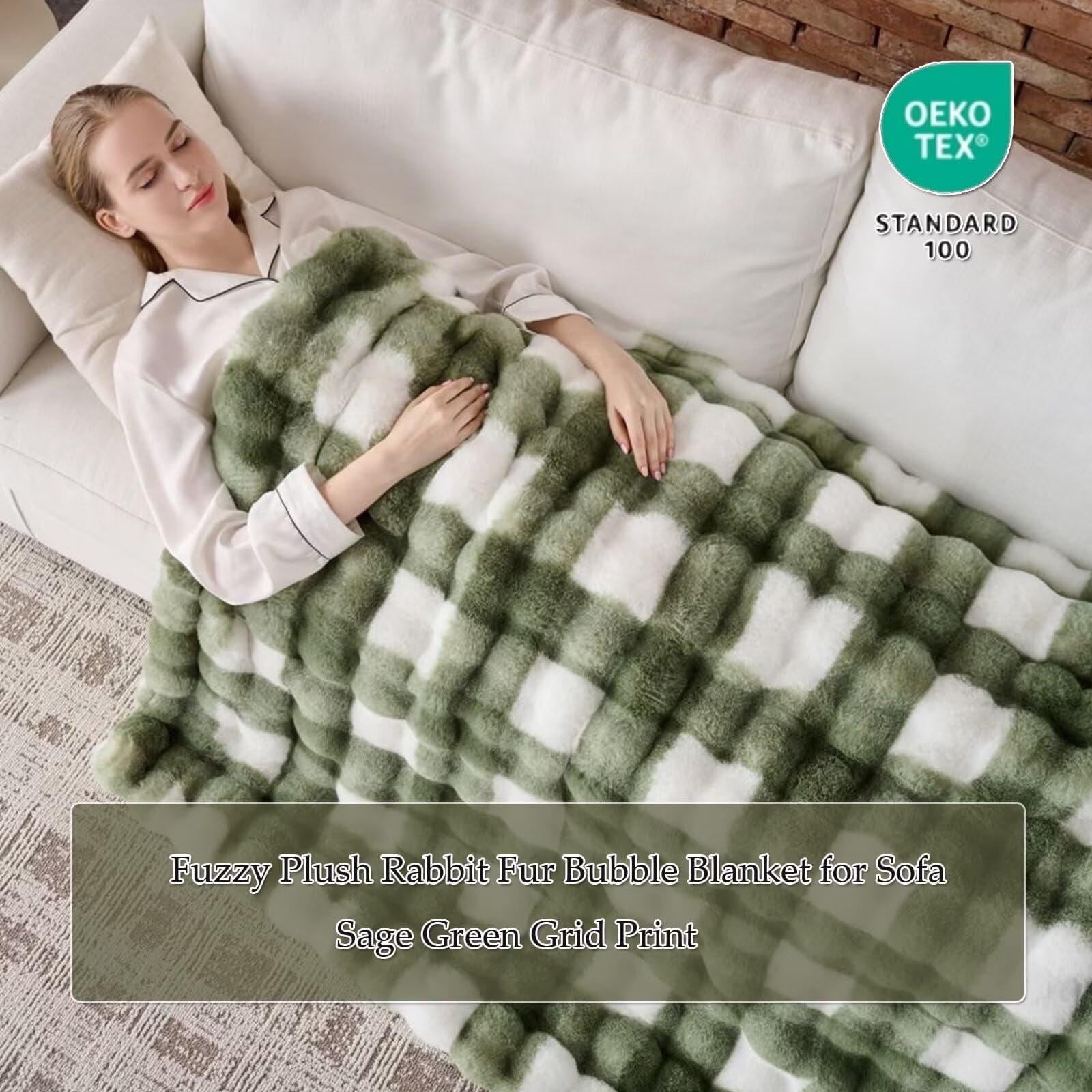 760GSM Faux Rabbit Faux Fur Throw Blanket,Super Thick Warm Bubble Blanket Throw,Fuzzy Luxury Plush Decorative Blanket for Couch Bed Sofa(Sage Green Grid Print,60''x 80'')