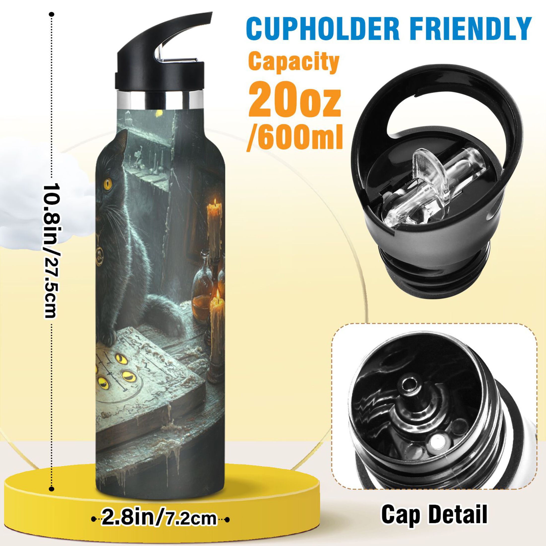 600ML Stainless Steel Insulated Cup Sports Water Bottle Portable Thermos Cup Water Glasses Insulated Tumblers Convenient and Durable Classical Black Cat