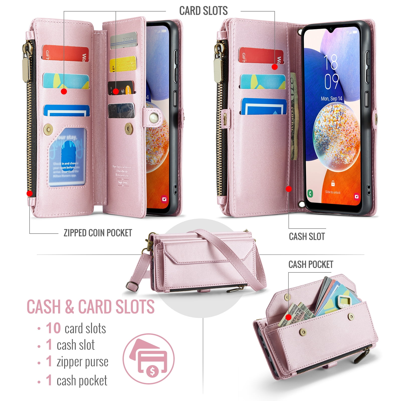 Asuwish Compatible with Samsung Galaxy A14/M14 5G Zipper Wallet Phone Case Tempered Glass Screen Protector Crossbody Lanyard Strap Flip Card Holder Slot Cell Cover for A 14 4G 14A 14M Women Rose Gold
