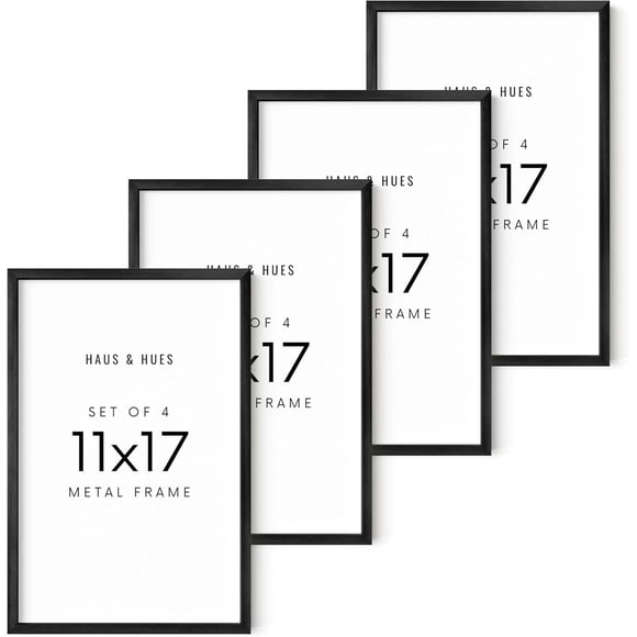 HAUS AND HUES 11x17 Black Metal Picture Frames - Features Premium Aluminum & Hanging Hardware, Shatterproof Plexiglass - Ideal for Home, Room, Office (11x17 in, Black, Set of 4)