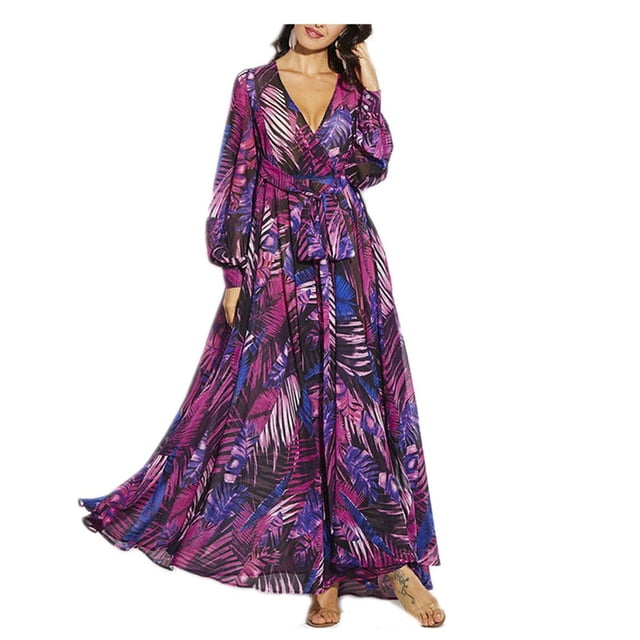 Robe Maxi Bohème pour Femmes, Robe d'Été Tropicale à Fleurs, Manches Longues, Coupe Ample, Robe de Plage