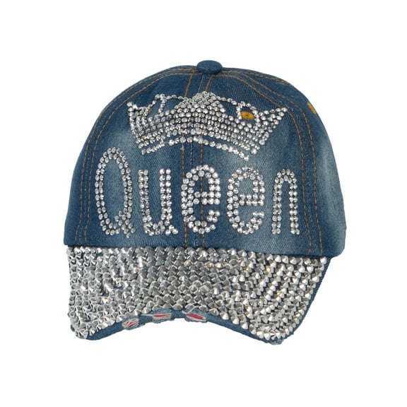 Womens Queen w/ Crown Stones Distressed Baseball Cap - Light Denim