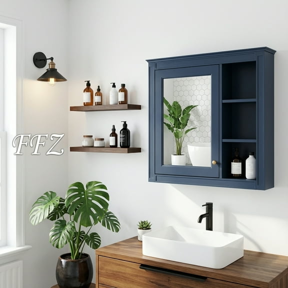 FFZ Modern 6-Color Bathroom Mirror Cabinet – 30''×28'' Wall-Mounted Storage with 3 Open Shelves (No BathroomVanity)