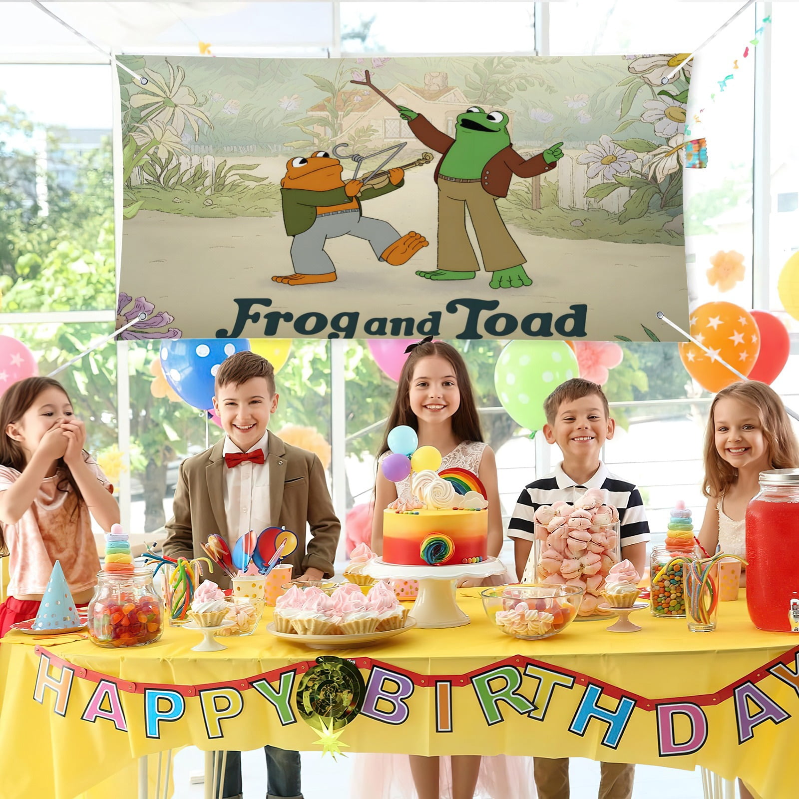 Frog and Toad-Theme Backdrops Banner Birthday Party Decor Supplies Personalized Party Backdrop Decoration,5x3ft（150x90cm）