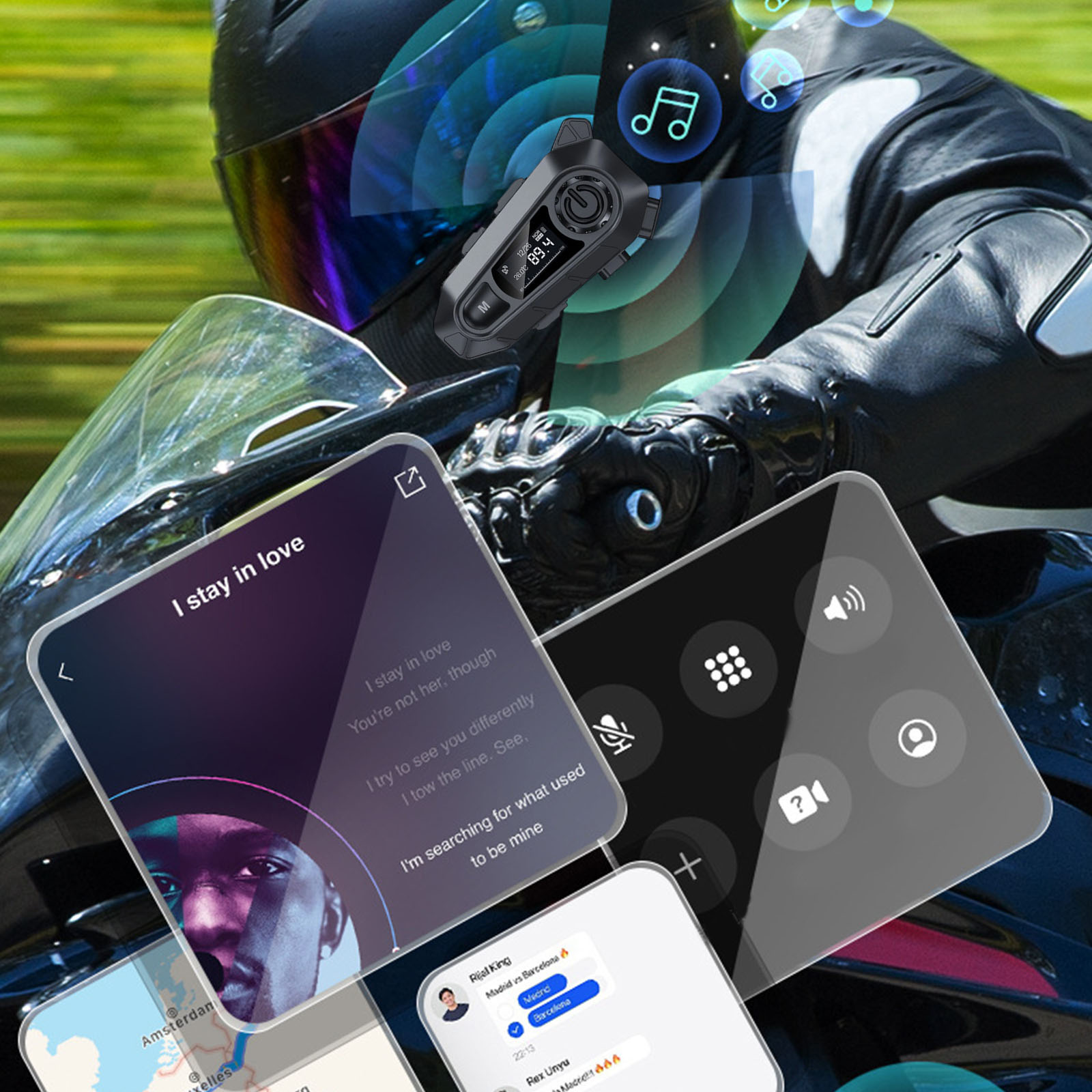 Motorcycle Bluetooth Headset, Waterproof Wireless Motorbike Intercom Headset with CVC Noise Cancellation Stereo, Bluetooth Motorcycle Helmet Headset for Full face Helmet, Black