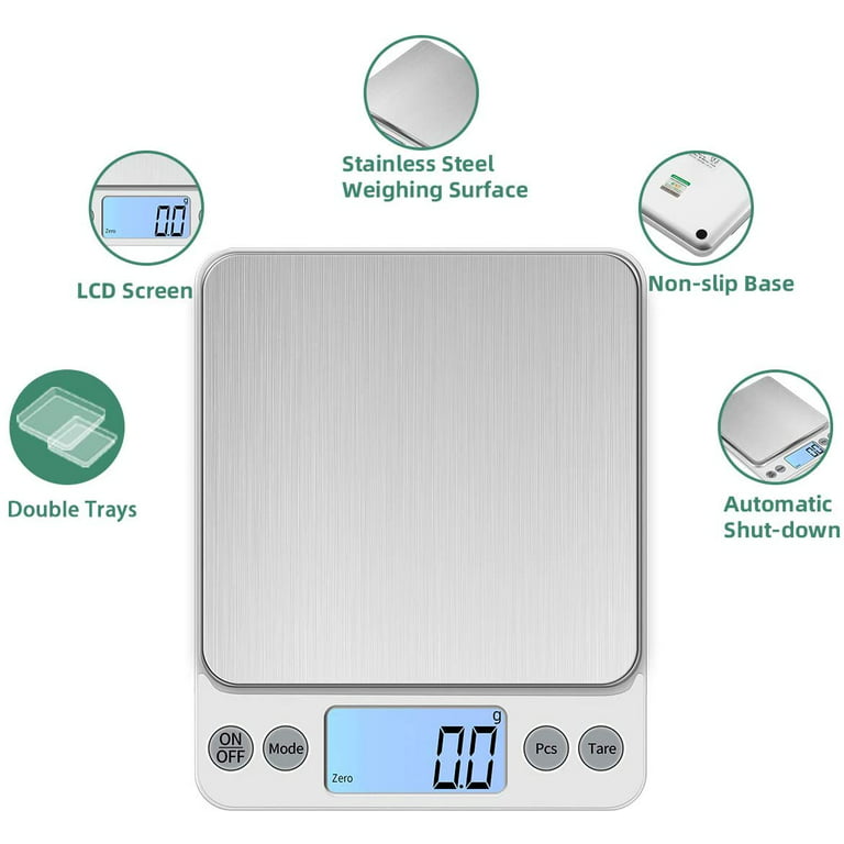 Food Gram Scale,Kitchen Scale,Digital Gram Scale,Ounce Scale Suitable for  Coffee,Cooking, Nutrition,Lab,3000g x 0.1g Accuracy,2Trays,6 Units,with  Tare Function (Battery Included) 