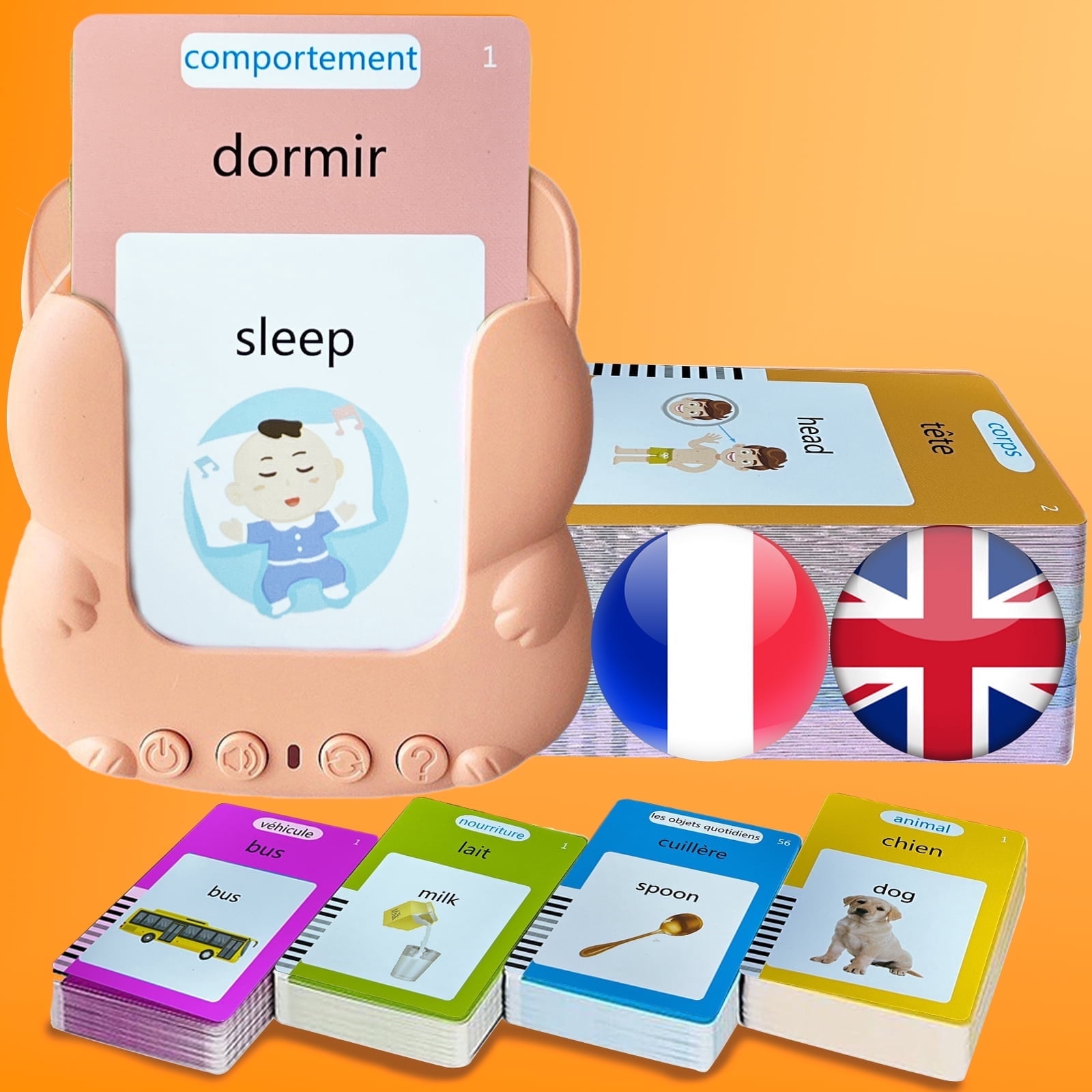 KILOGOGRAPH Bilingual English French Flash Cards with Test Mode Sensory Toy for Kids with Autism Pocket Speech 510 Sight Words