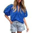 thumbnail image 2 of Jzuxvd Eyelet Tops for Women Summer Tops, Eyelet Blouse for Women Hollow Out Lace Top Embroidered Blouses, V Neck Button Puff Sleeve Blue M, 2 of 5
