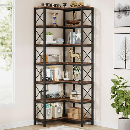 Vipeve 7-Shelf Corner Bookshelf,Large Modern Corner Bookcase, 7-Tier Tall Corner Shelf Storage Display Rack with Metal Frame for Living Room Home Office (Rustic Brown)
