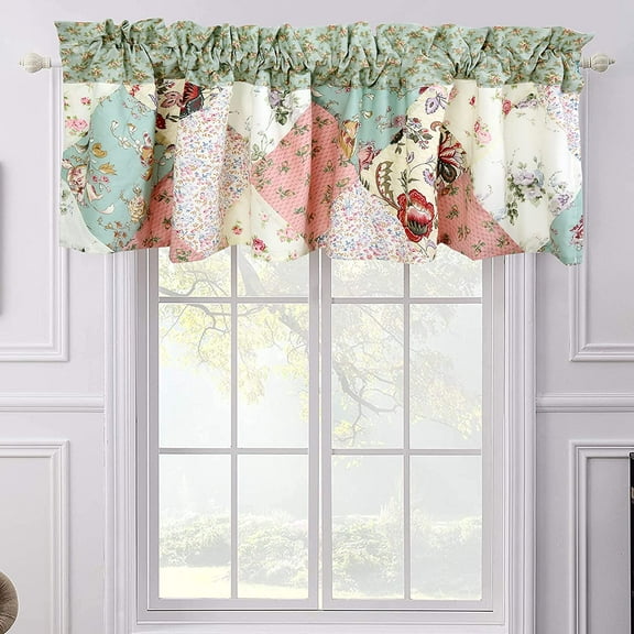 Cozy Line Home Fashions Country Cottage Floral Blue Pink Real Patchwork Rod Pocket Window Valance, 16" x 56"