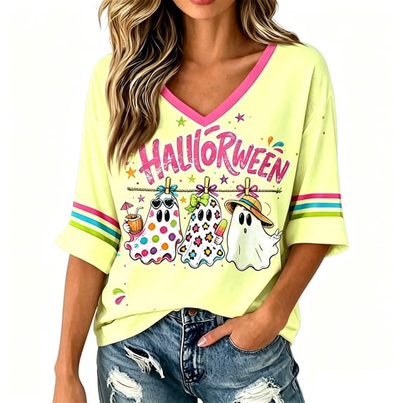 Women Halloween Shirt 2026 Oversized Cute Funny Plus Size 3/4 Sleeve Skeleton Printed Graphic