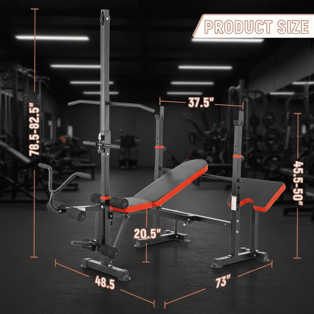 PUATUL 1500LB 8 IN 1 Olympic Weight Bench with Lat Pulldown Attachment and Leg Extension/Curl, Foldable Incline Bench Press with Preacher Curl & Barbell Squat Rack,  Workout Bench for Home Gym