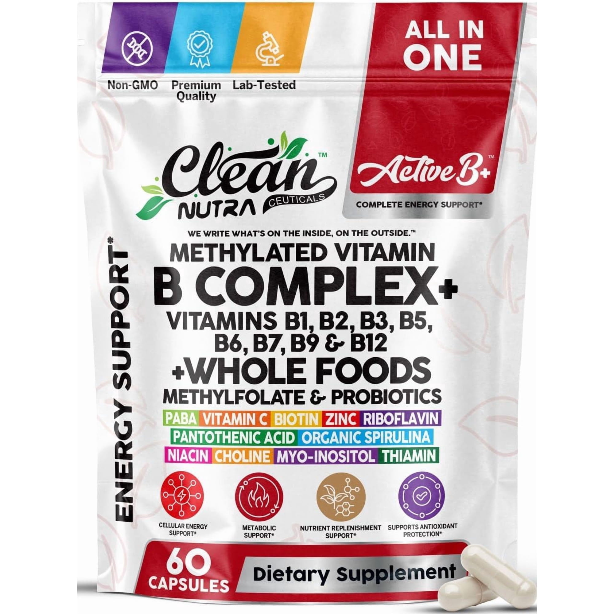 Vitamin B Complex Methylated B Vitamins for Women, Vitamin B12 Methylcobalamin Methylfolate B12 B1 B2 B3 B5 B6 B7 B9 Biotin Myo Inositol Choline Organic Spirulina Methylated Multivitamin 60 Ct